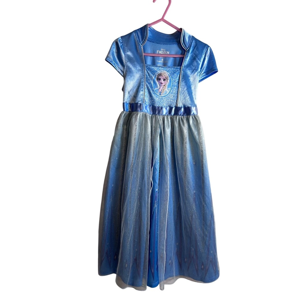 Disney Frozen Elsa Nightgown Size 6 Blue Glitter Tulle Sleepwear Dress Girls - Picture 1 of 4